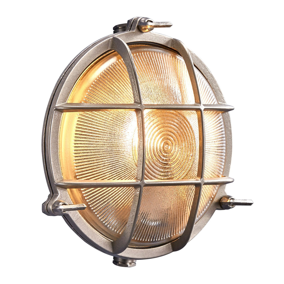 Polperro Coastal IP64 Bulkhead Wall Light In Nickel With Glass Shade