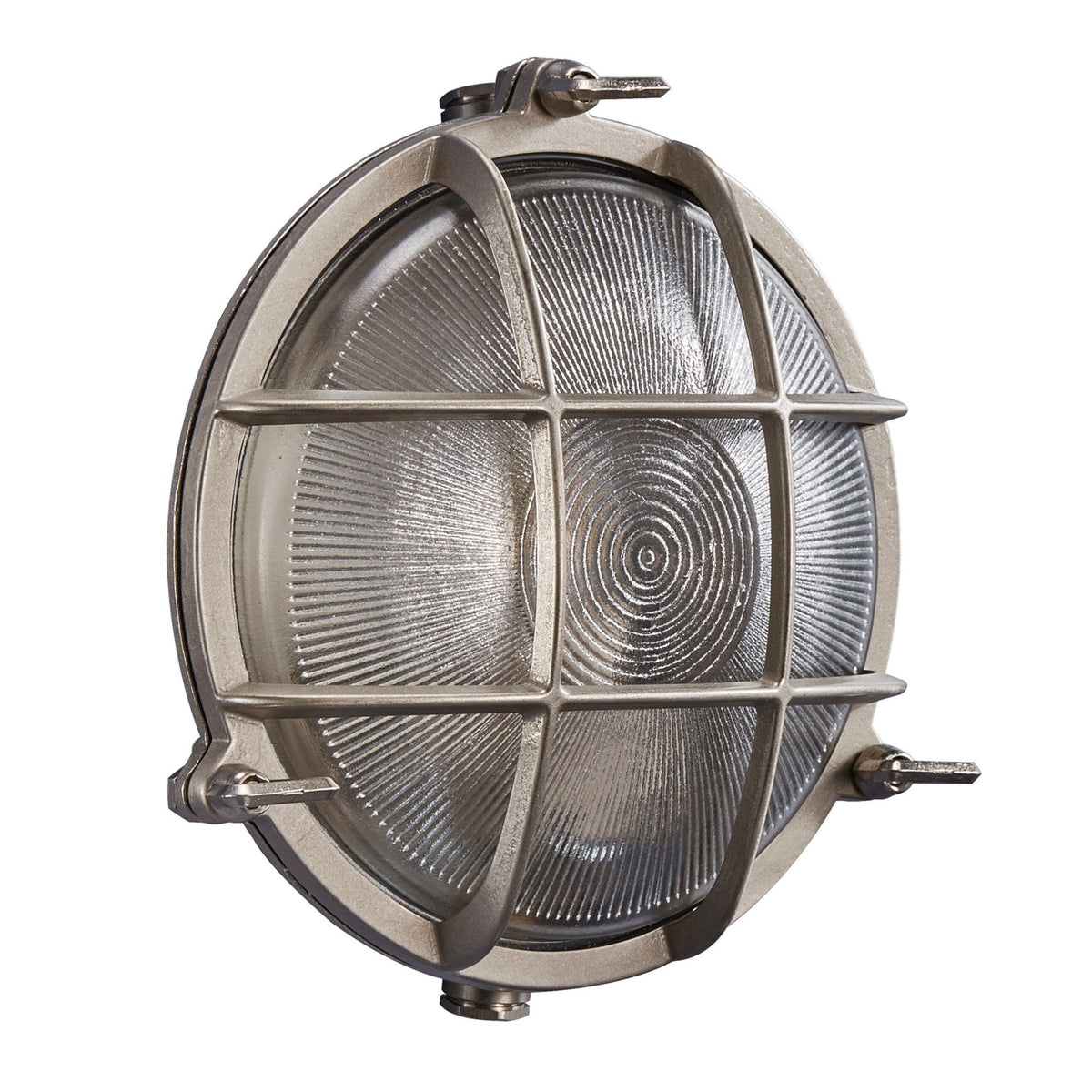Polperro Coastal IP64 Bulkhead Wall Light In Nickel With Glass Shade