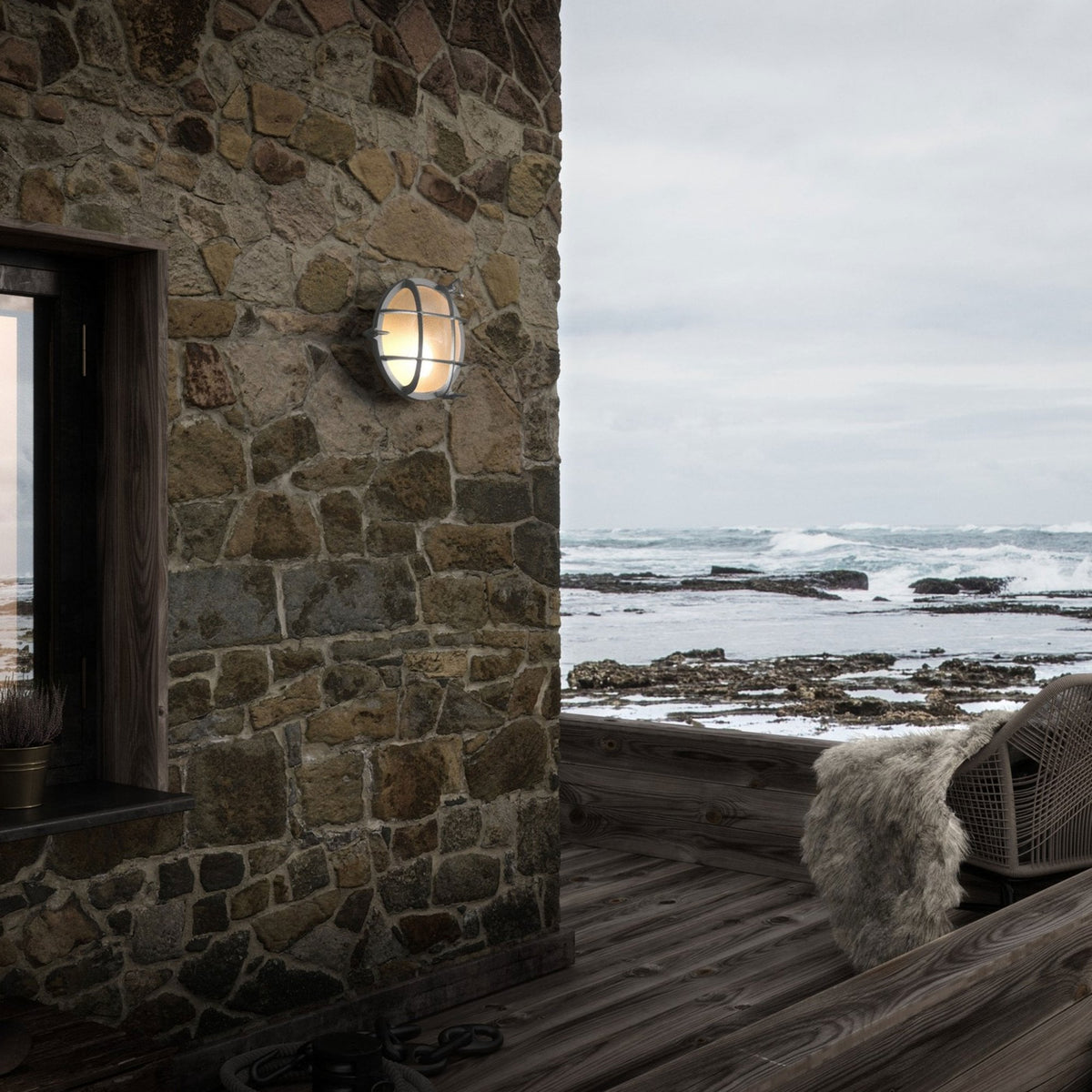 Polperro Coastal IP64 Bulkhead Wall Light In Nickel With Glass Shade