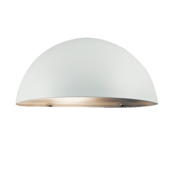 A white, half-dome shaped outdoor wall light shown on a plain white background.