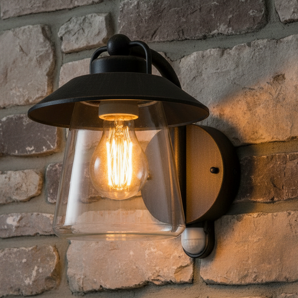 Black outdoor wall light with clear glass shade and exposed filament bulb on a stone wall.