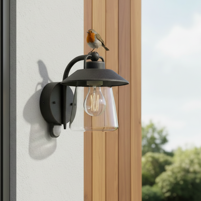 A robin perches on a black outdoor wall light with a clear glass shade and exposed filament bulb.
