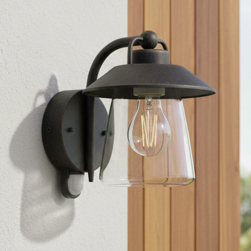 A dark bronze outdoor wall light with a clear glass shade and exposed bulb, mounted on a white wall.