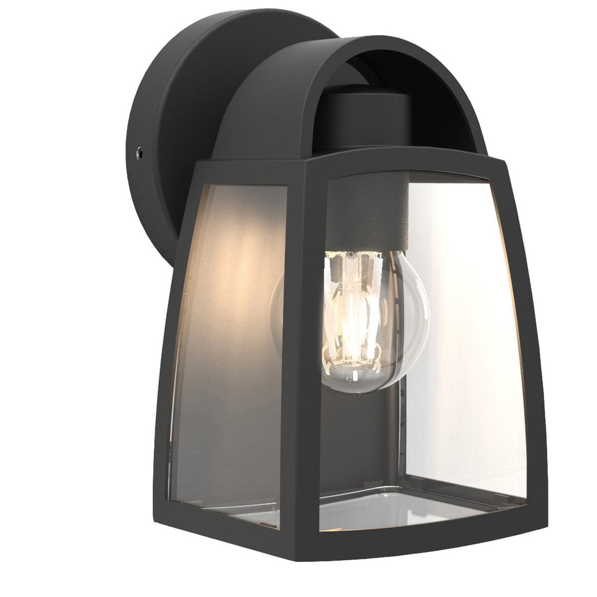 Black outdoor wall light with clear glass panels and an exposed filament bulb, casting a warm glow.