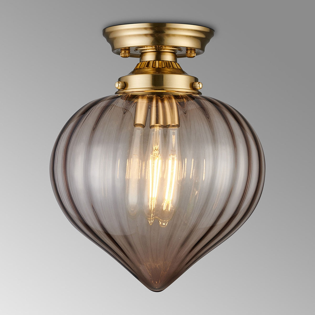 Appin Flush Ceiling Light in Brass with Cognac Flower Bud Glass Shade