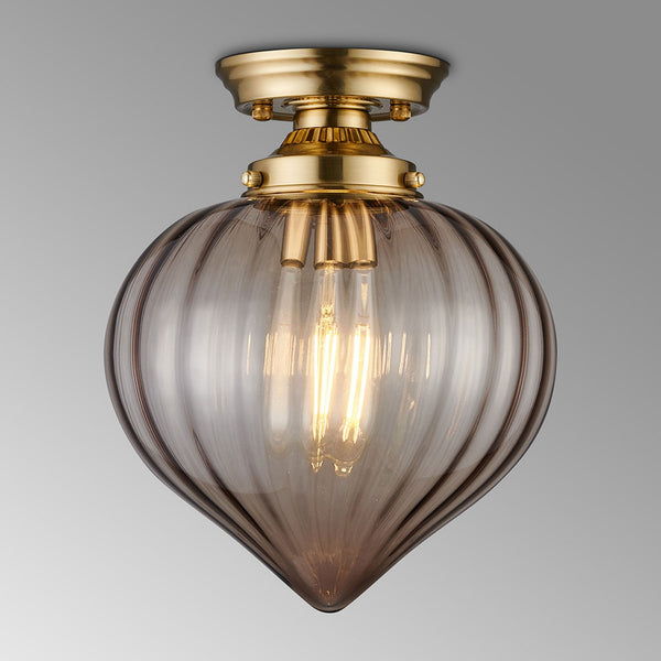 Appin Flush Ceiling Light in Brass with Cognac Flower Bud Glass Shade