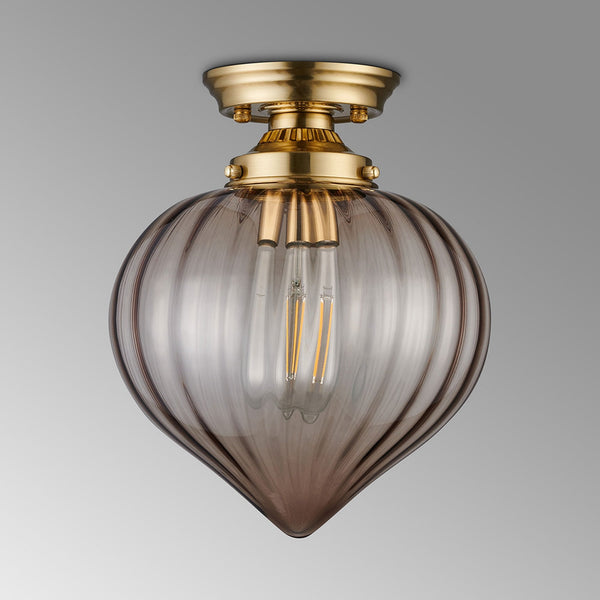 Appin Flush Ceiling Light in Brass with Cognac Flower Bud Glass Shade