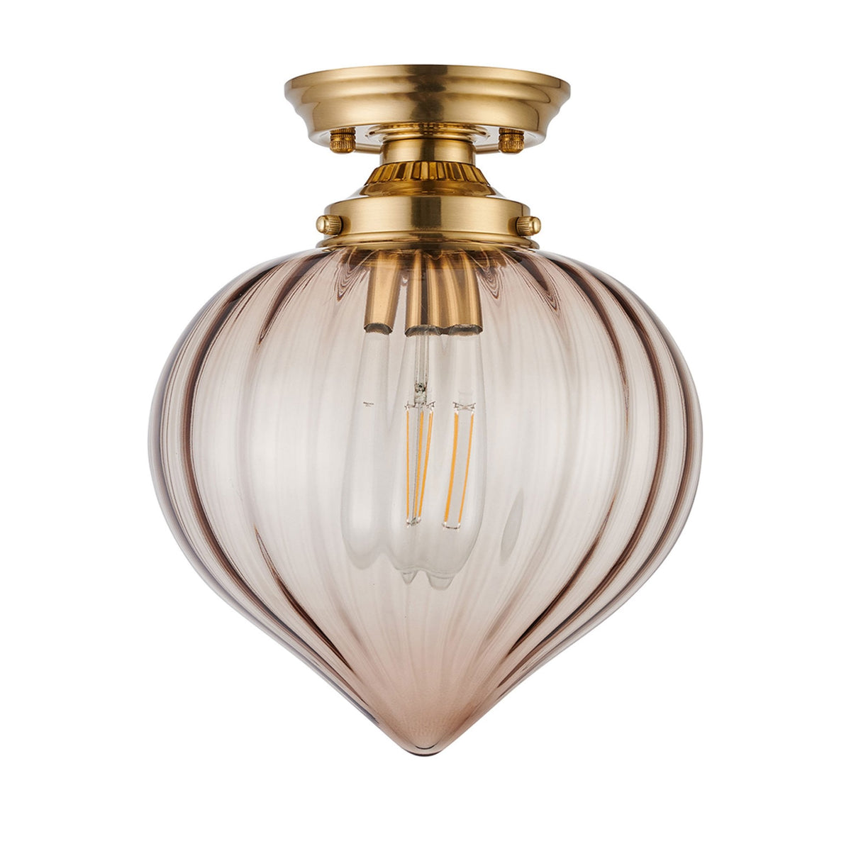 Appin Flush Ceiling Light in Brass with Cognac Flower Bud Glass Shade