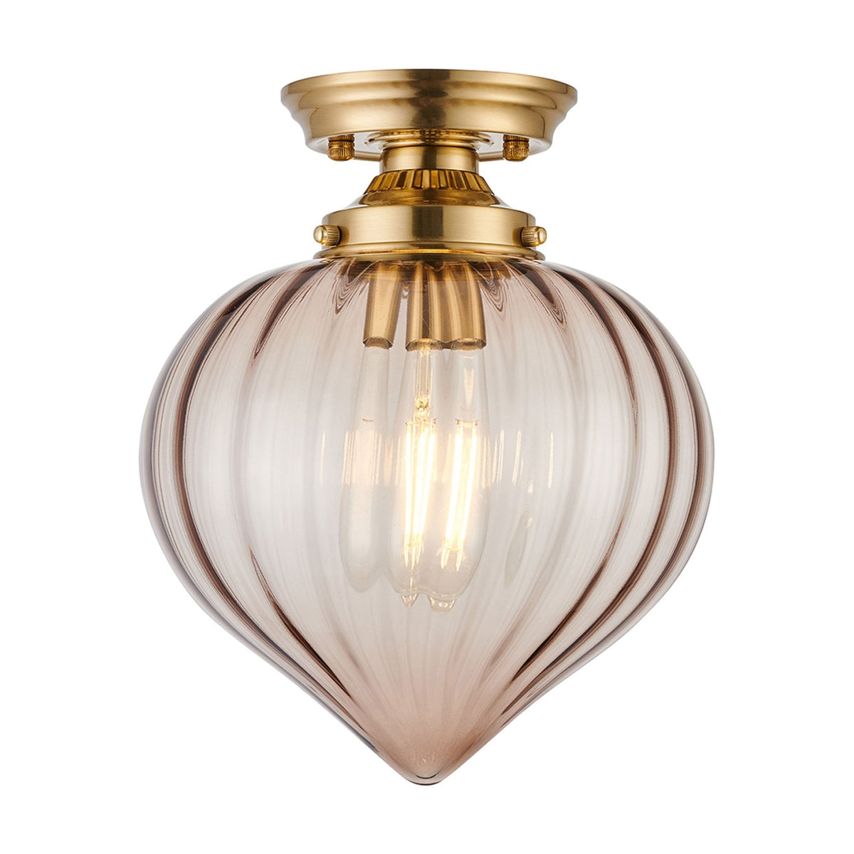 Appin Flush Ceiling Light in Brass with Cognac Flower Bud Glass Shade