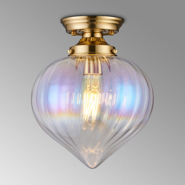 Appin Flush Ceiling Light in Brass with Iridescent Faded Flower Bud Glass Shade