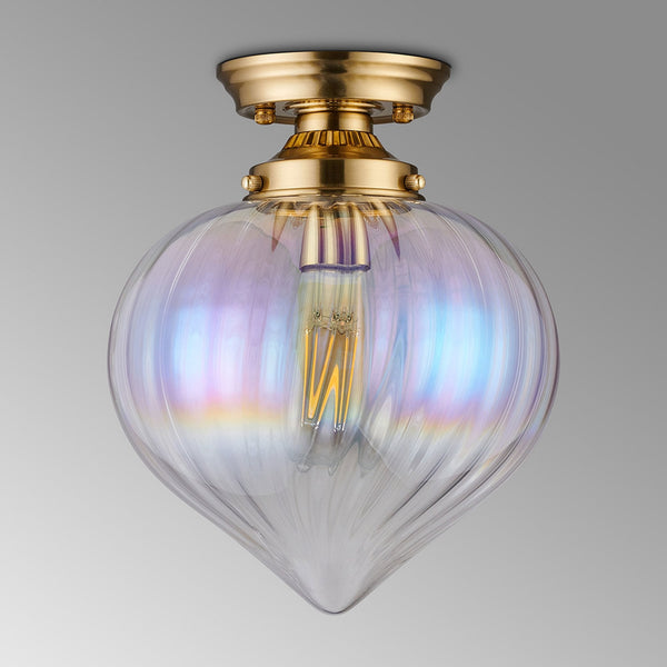 Appin Flush Ceiling Light in Brass with Iridescent Faded Flower Bud Glass Shade
