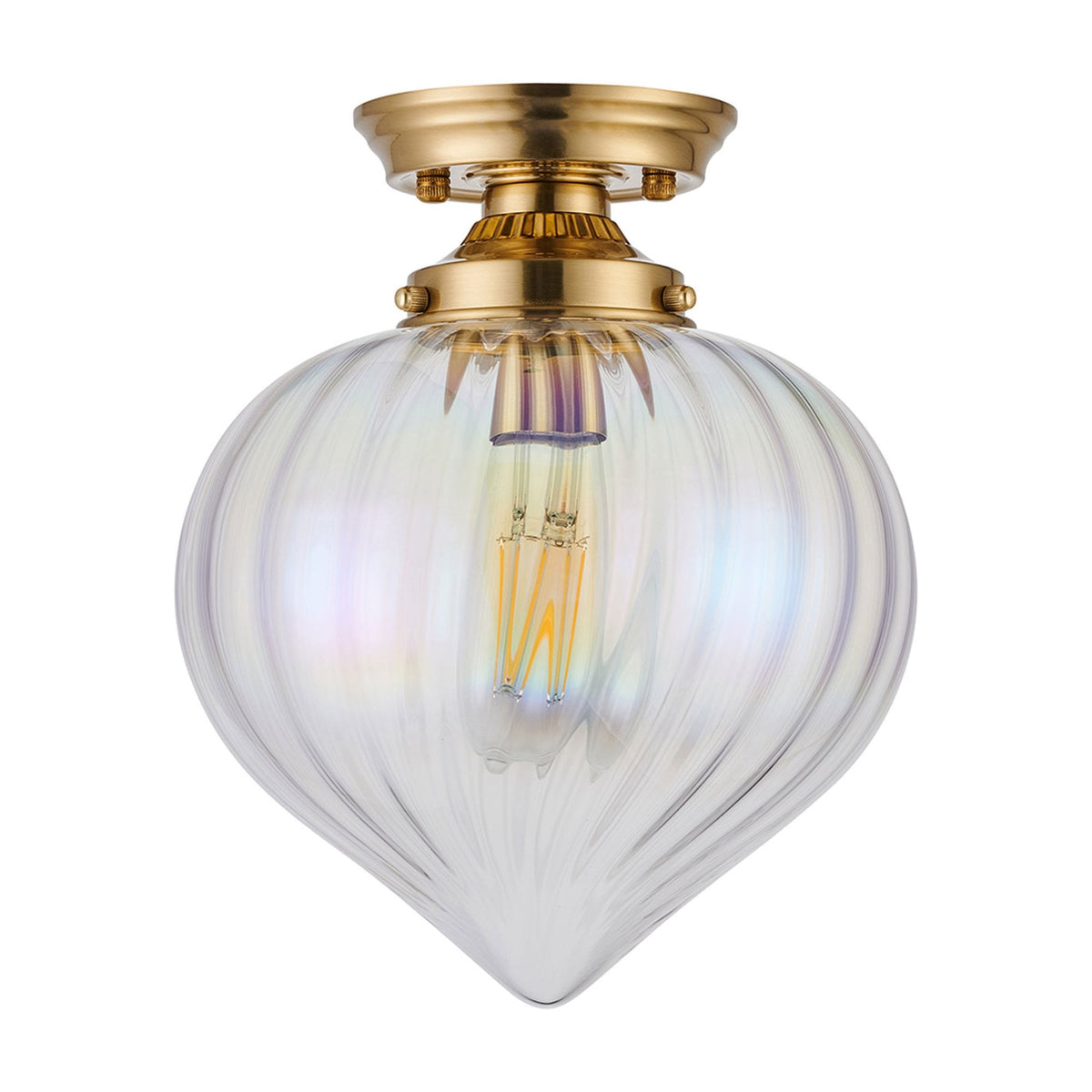 Appin Flush Ceiling Light in Brass with Iridescent Faded Flower Bud Glass Shade