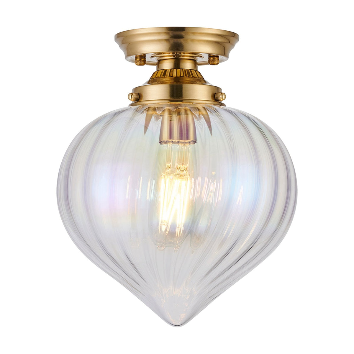 Appin Flush Ceiling Light in Brass with Iridescent Faded Flower Bud Glass Shade