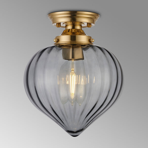 Appin Flush Ceiling Light in Brass with Smoke Flower Bud Glass Shade