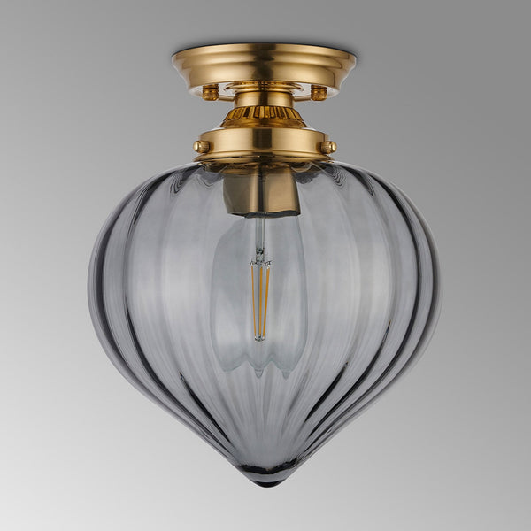 Appin Flush Ceiling Light in Brass with Smoke Flower Bud Glass Shade