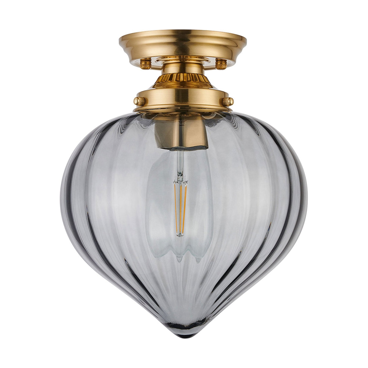 Appin Flush Ceiling Light in Brass with Smoke Flower Bud Glass Shade