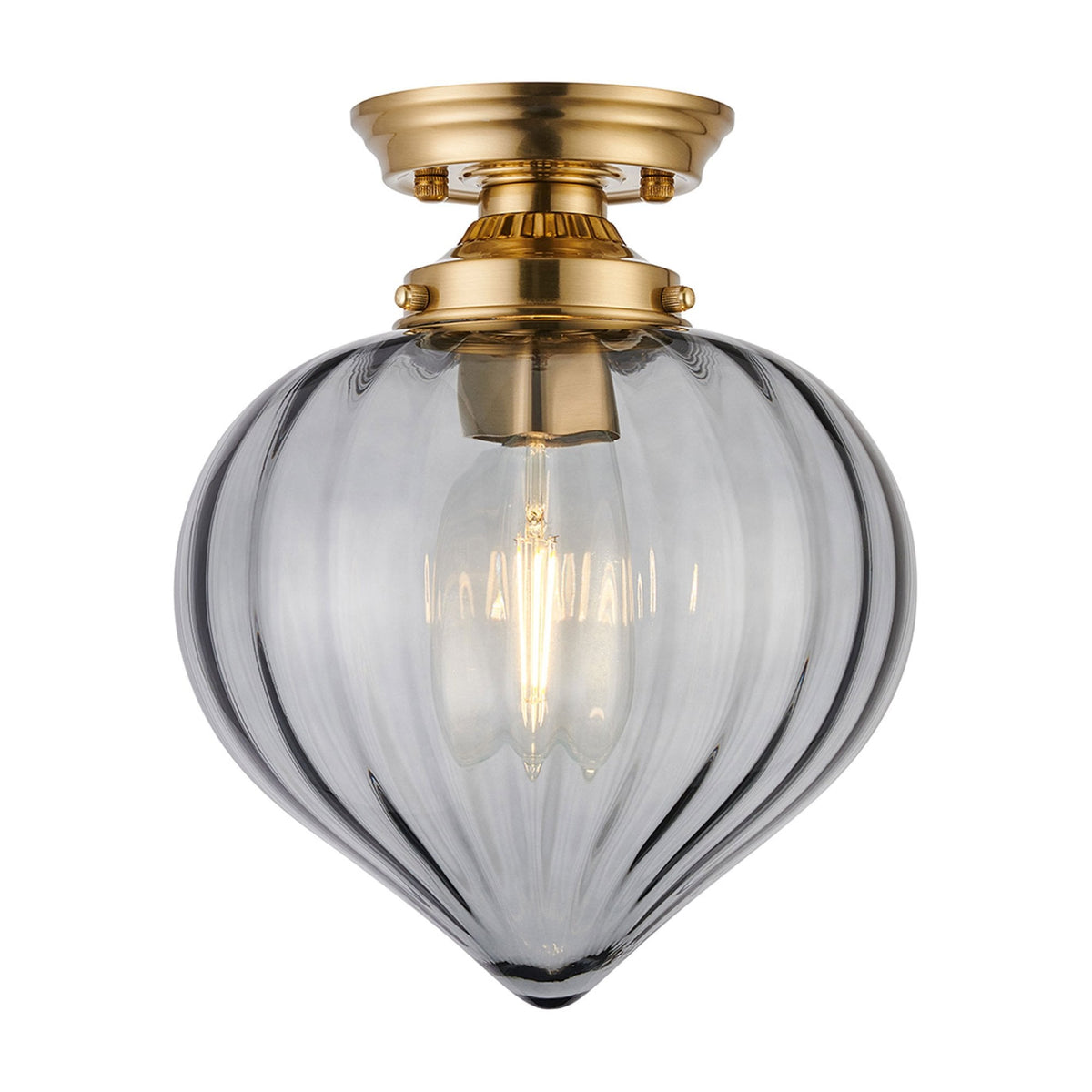 Appin Flush Ceiling Light in Brass with Smoke Flower Bud Glass Shade