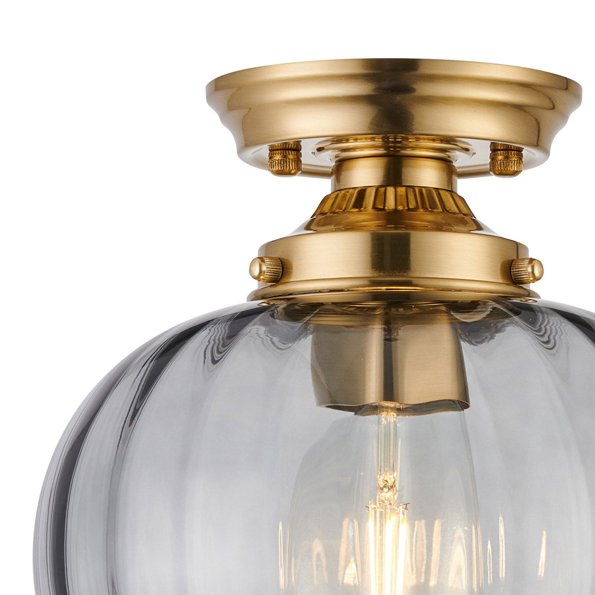Appin Flush Ceiling Light in Brass with Smoke Flower Bud Glass Shade