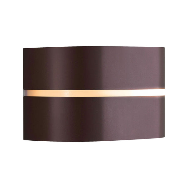 An oval-shaped, dark grey outdoor wall light with a horizontal glow on a white background.