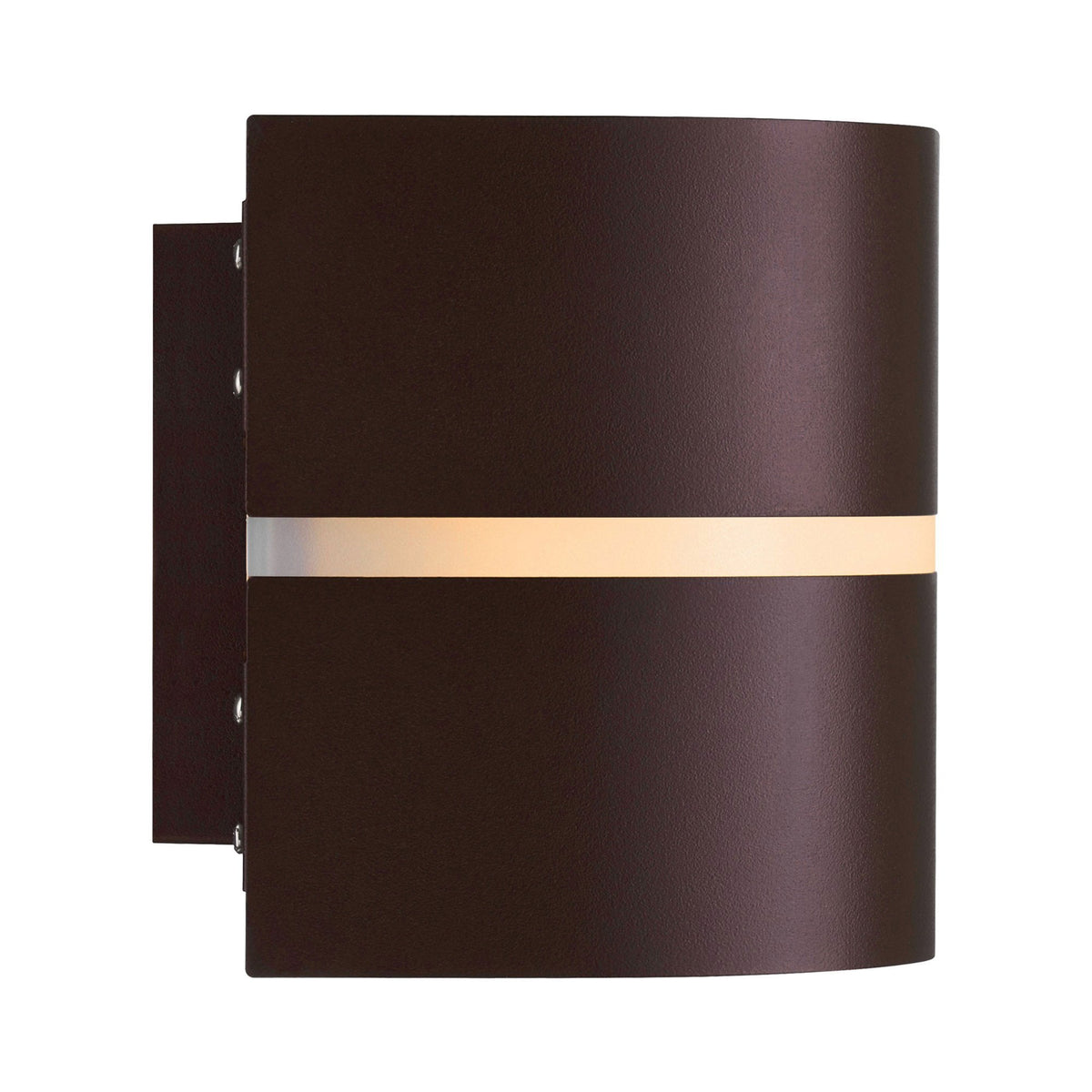 An oval-shaped, dark grey outdoor wall light with a horizontal glow, viewed from the side.