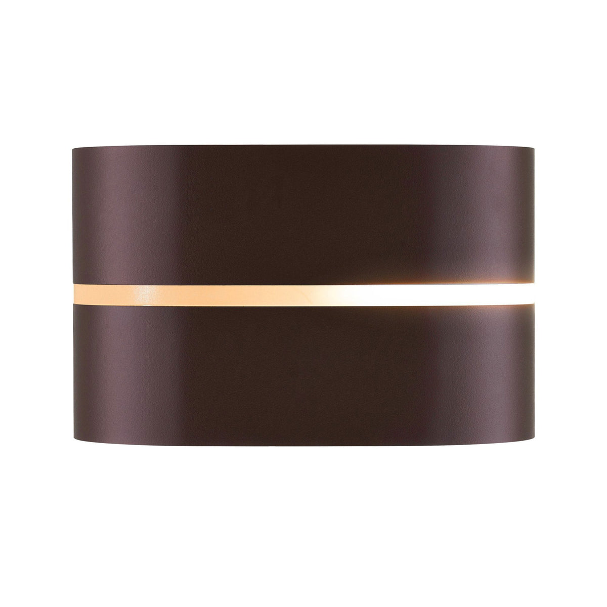 An oval-shaped, dark grey outdoor wall light with a horizontal glow on a white background.