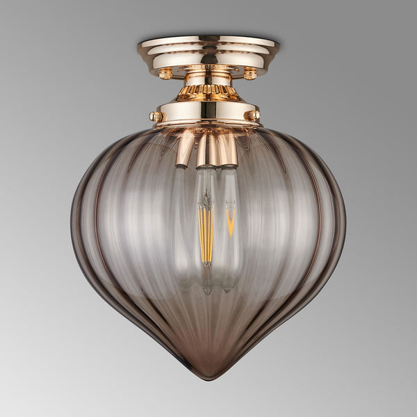 Appin Flush Ceiling Light in French Gold with Cognac Flower Bud Glass Shade