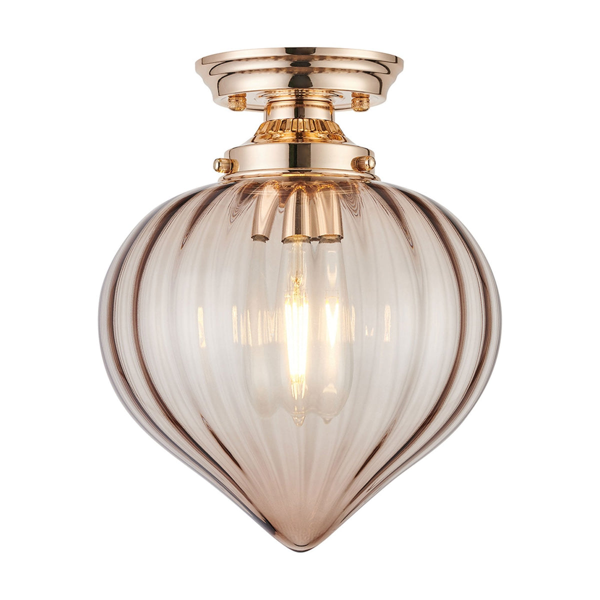 Appin Flush Ceiling Light in French Gold with Cognac Flower Bud Glass Shade