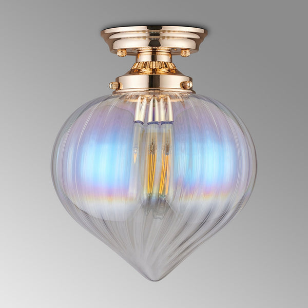 Appin Flush Ceiling Light in French Gold with Iridescent Faded Flower Bud Glass Shade