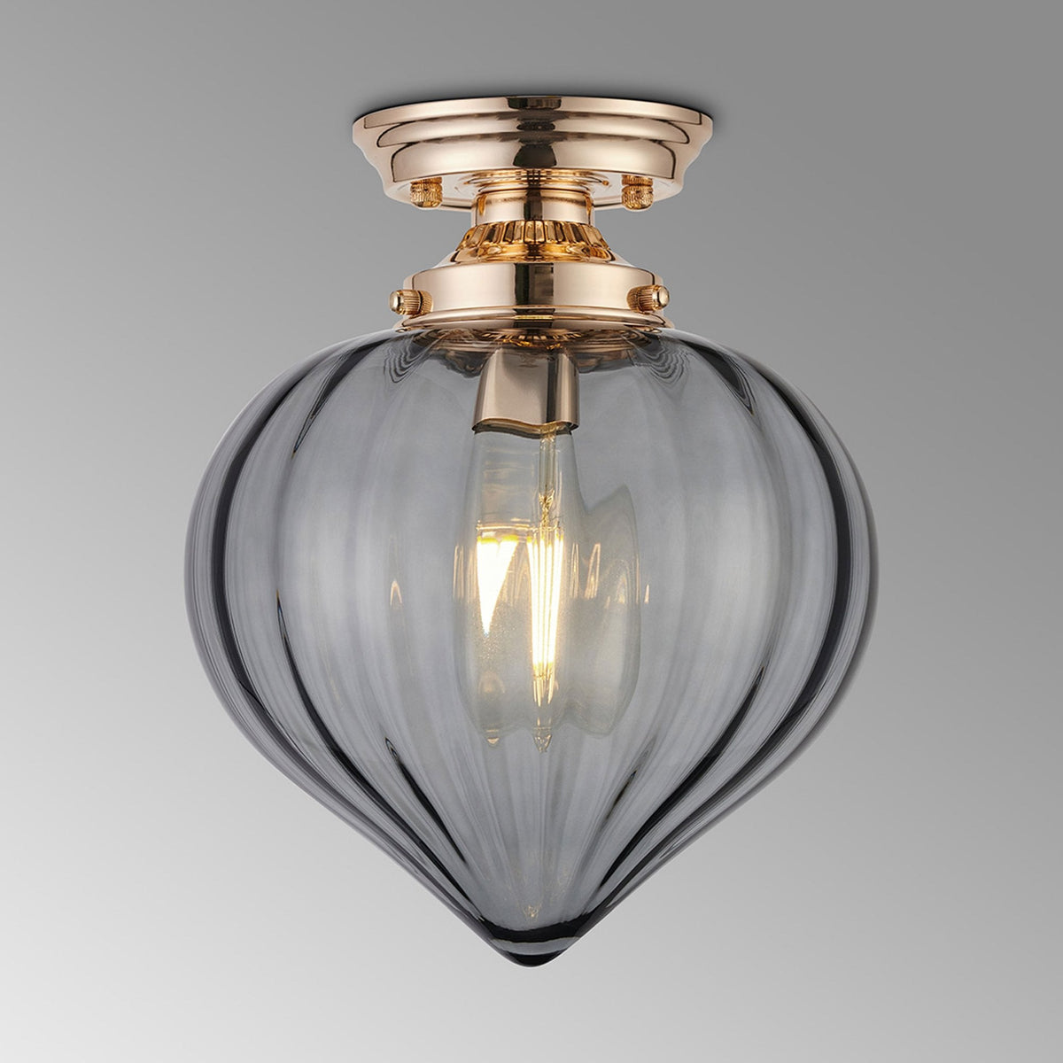 Appin Flush Ceiling Light in French Gold with Smoke Flower Bud Glass Shade