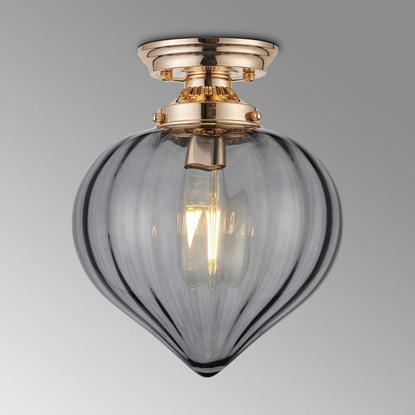 Appin Flush Ceiling Light in French Gold with Smoke Flower Bud Glass Shade