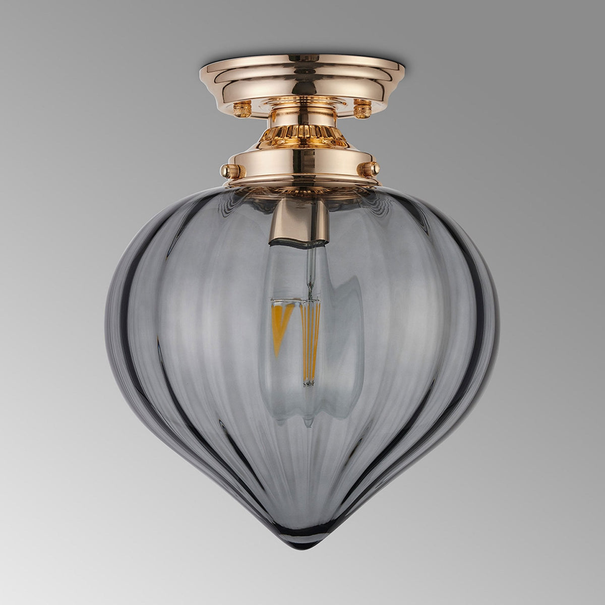 Appin Flush Ceiling Light in French Gold with Smoke Flower Bud Glass Shade
