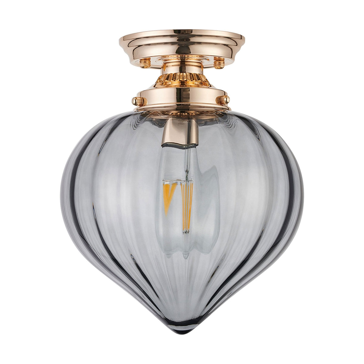 Appin Flush Ceiling Light in French Gold with Smoke Flower Bud Glass Shade