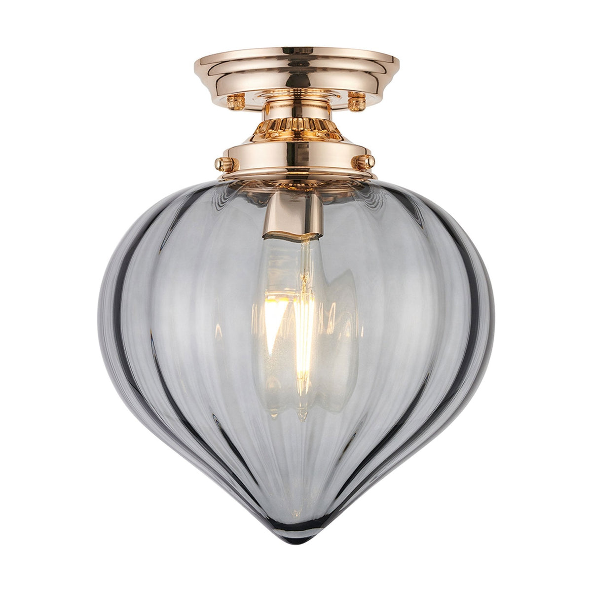 Appin Flush Ceiling Light in French Gold with Smoke Flower Bud Glass Shade