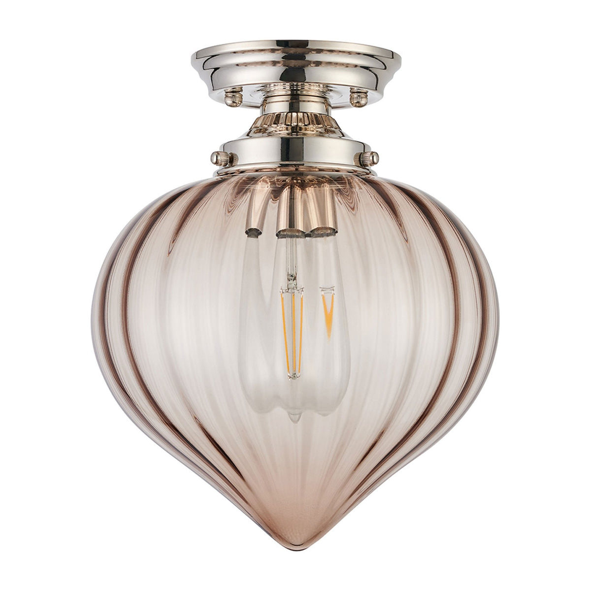 A stylish ceiling light with a polished nickel base and a clear fluted glass shade, unlit.