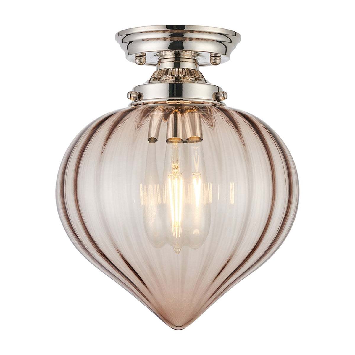 A contemporary ceiling light with a polished nickel base and a clear fluted glass shade, illuminated.
