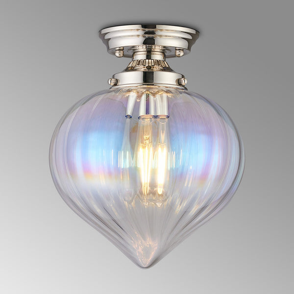 Appin Flush Ceiling Light in Polished Nickel with Iridescent Faded Flower Bud Glass Shade