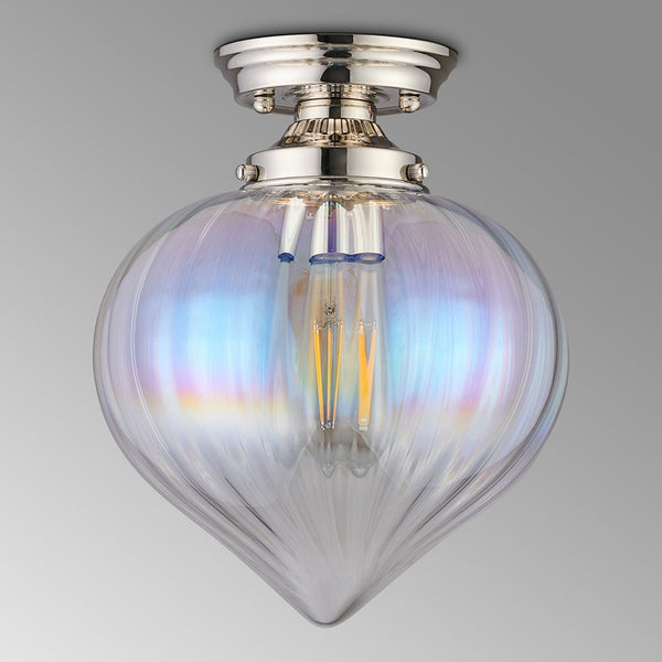 Appin Flush Ceiling Light in Polished Nickel with Iridescent Faded Flower Bud Glass Shade