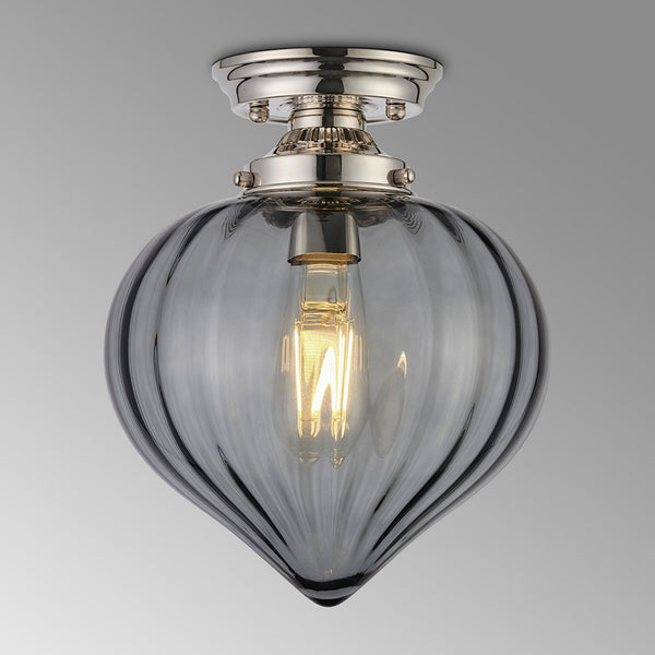 Appin Flush Ceiling Light in Polished Nickel with Smoke Flower Bud Glass Shade