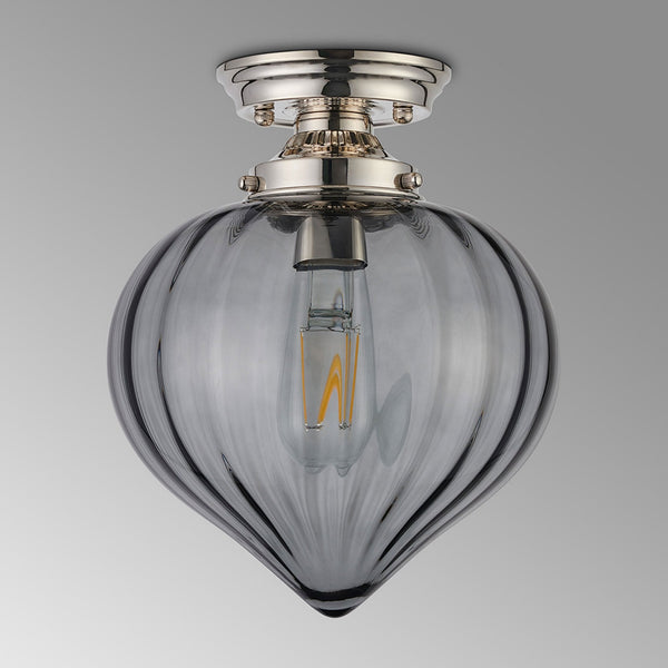 Appin Flush Ceiling Light in Polished Nickel with Smoke Flower Bud Glass Shade
