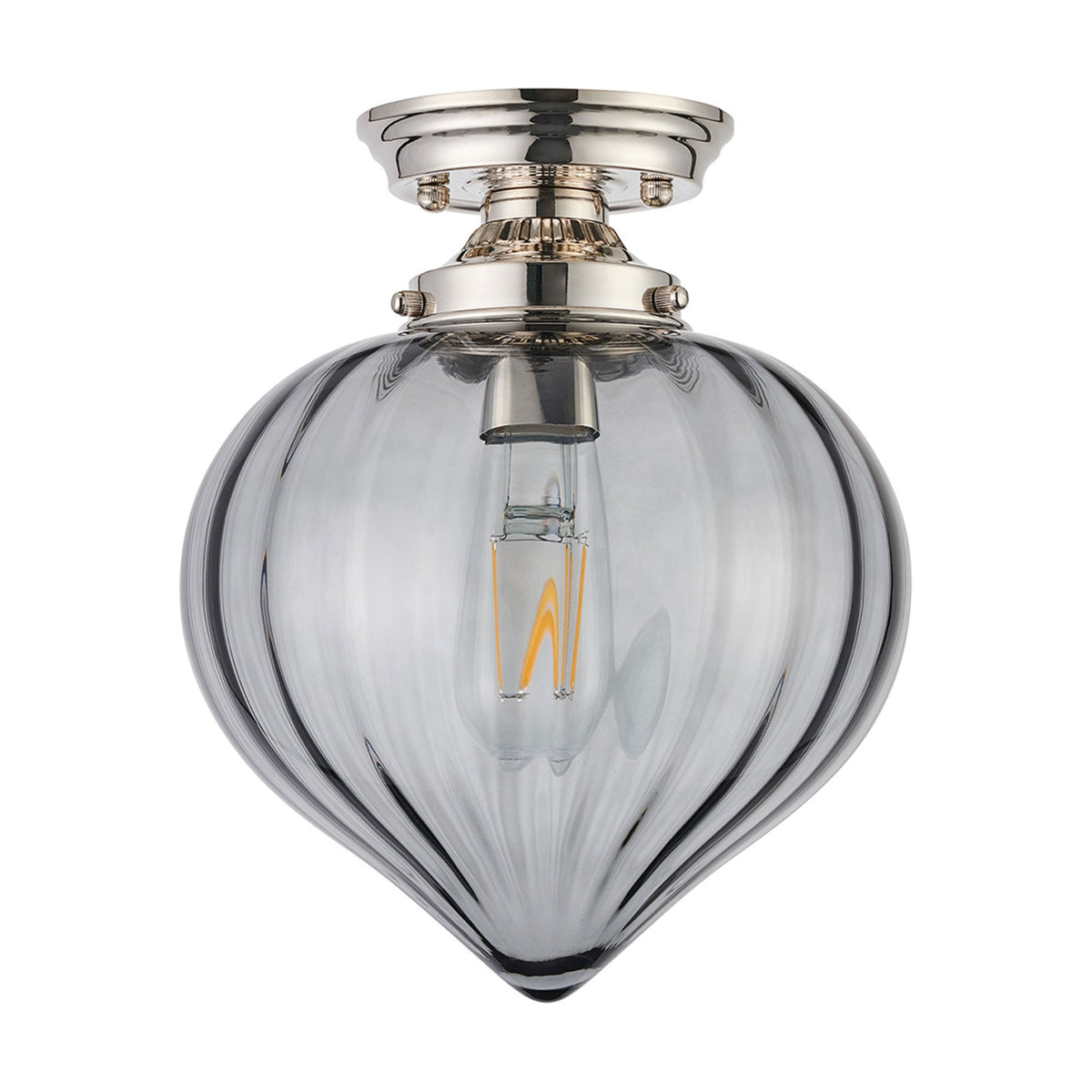Appin Flush Ceiling Light in Polished Nickel with Smoke Flower Bud Glass Shade