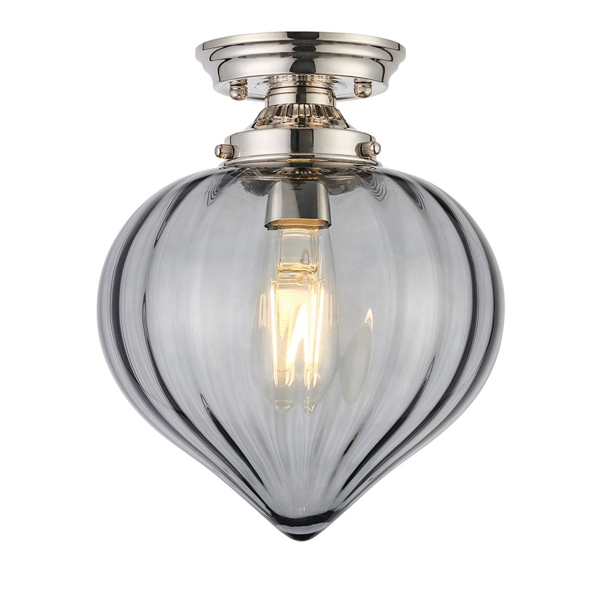 Appin Flush Ceiling Light in Polished Nickel with Smoke Flower Bud Glass Shade