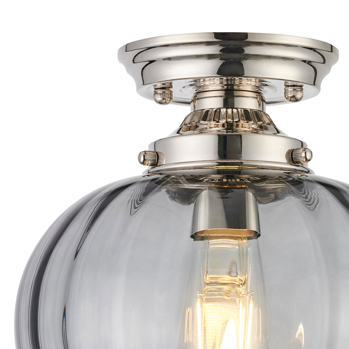 Appin Flush Ceiling Light in Polished Nickel with Smoke Flower Bud Glass Shade