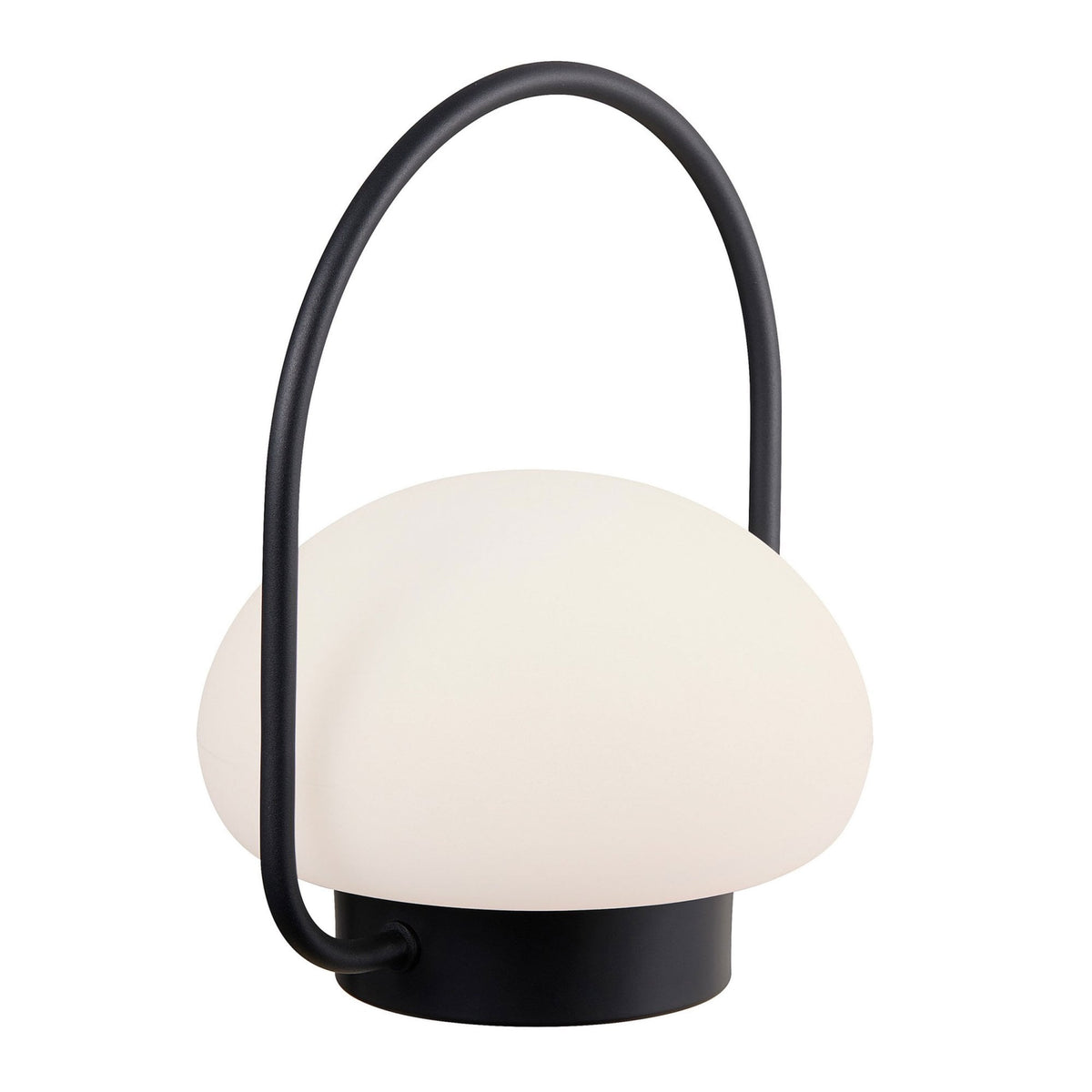 A mushroom-shaped portable outdoor lamp with a black handle on a white background.