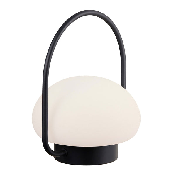 A mushroom-shaped portable outdoor lamp with a black handle on a white background.