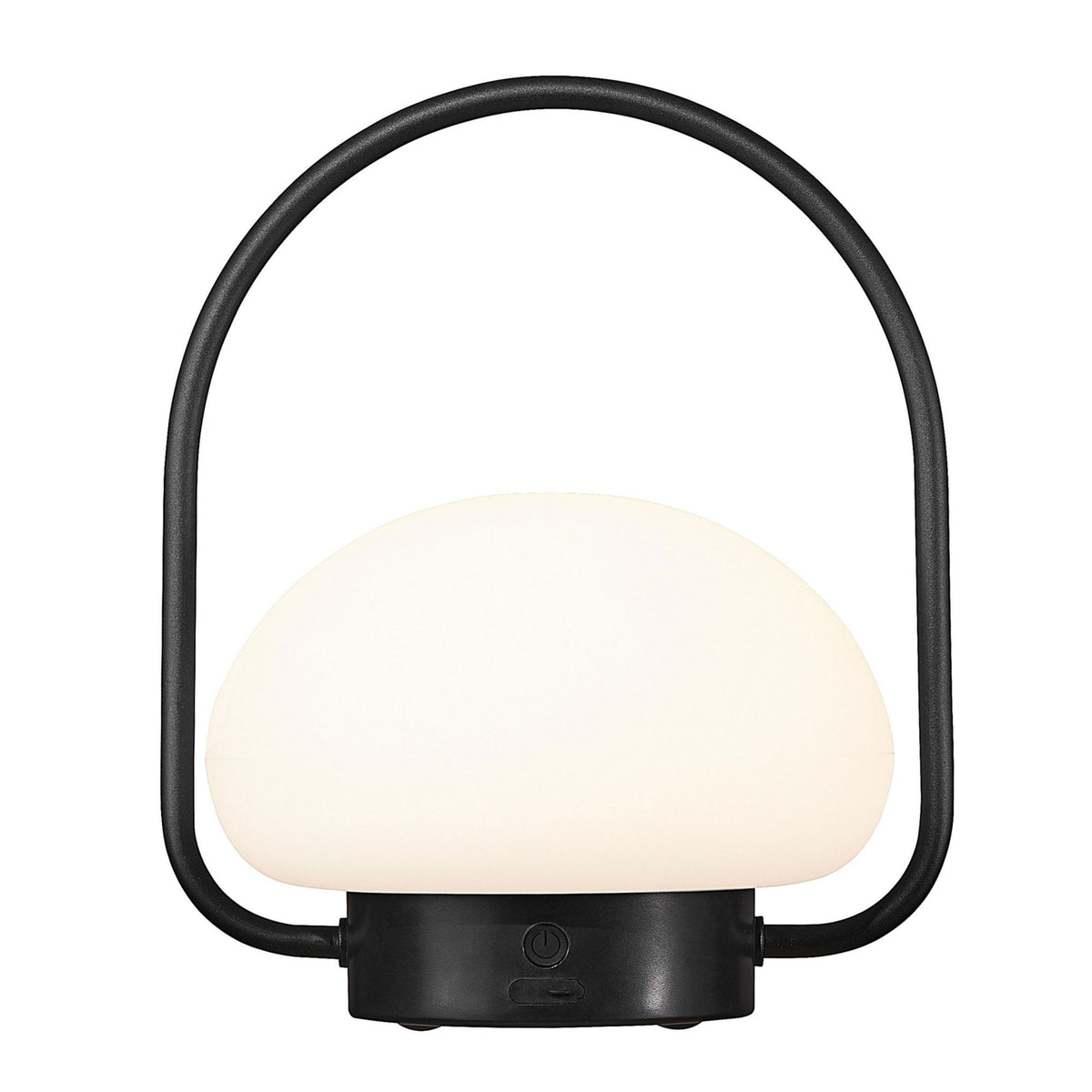 A white mushroom lamp with a black base and handle, on a white background.