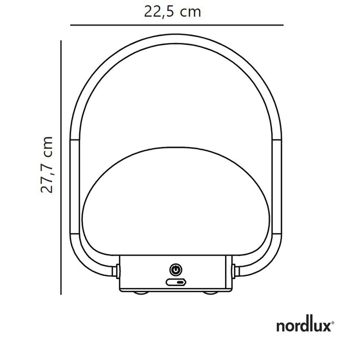 A line drawing shows the dimensions of the mushroom lamp: 22.5 cm wide by 27.7 cm high.