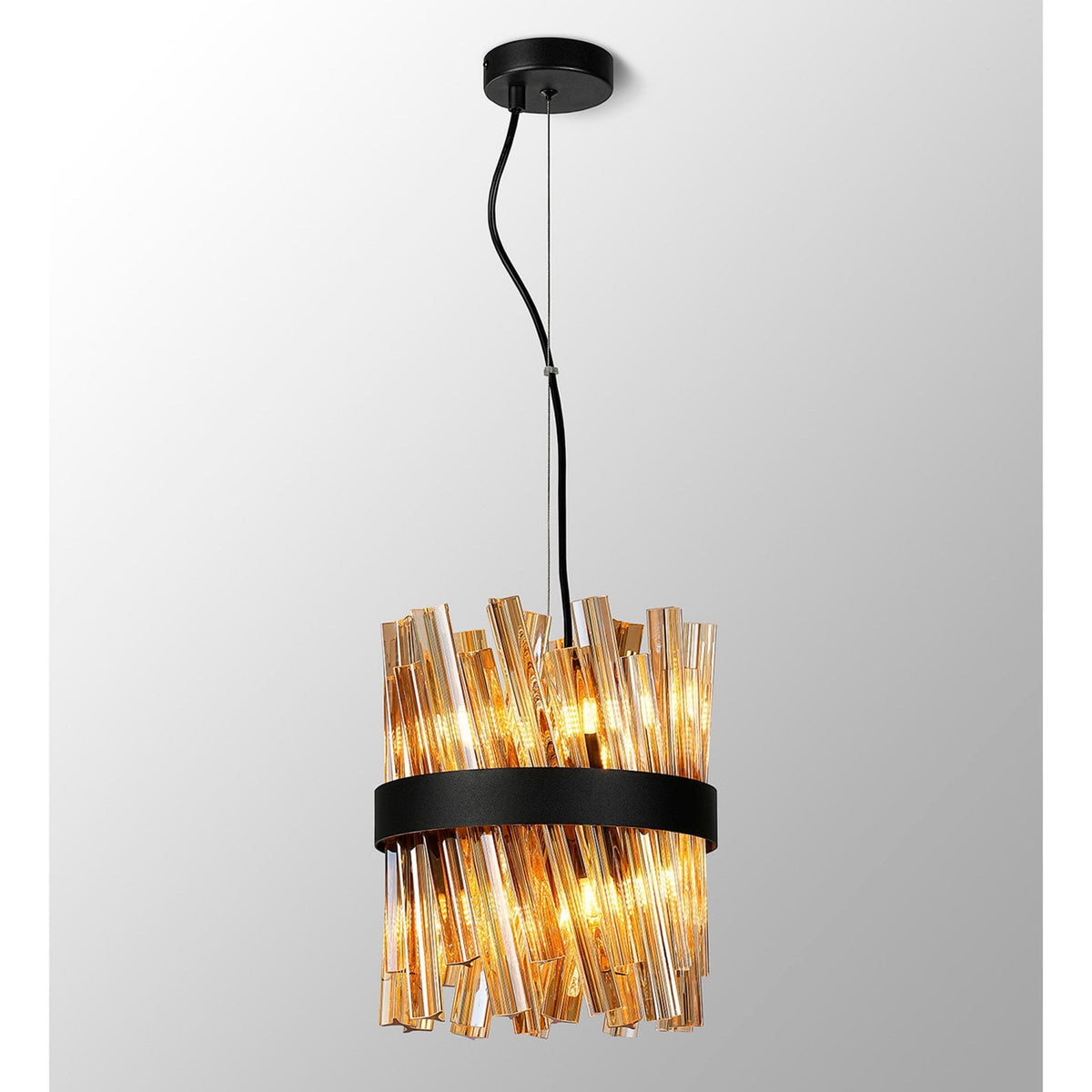 Kelly Six Light Pendant in Satin Black & Amber Glass