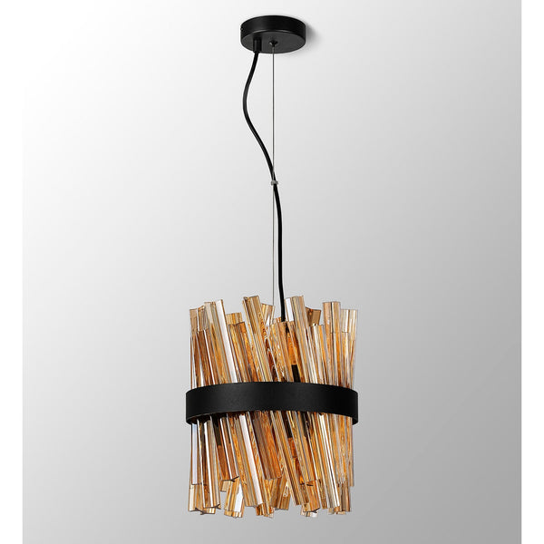 Kelly Six Light Pendant in Satin Black & Amber Glass