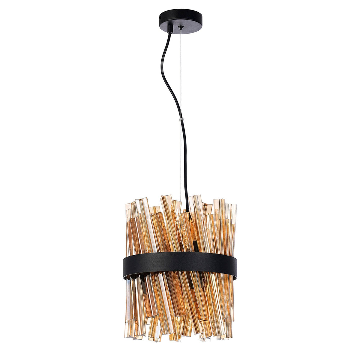 Kelly Six Light Pendant in Satin Black & Amber Glass