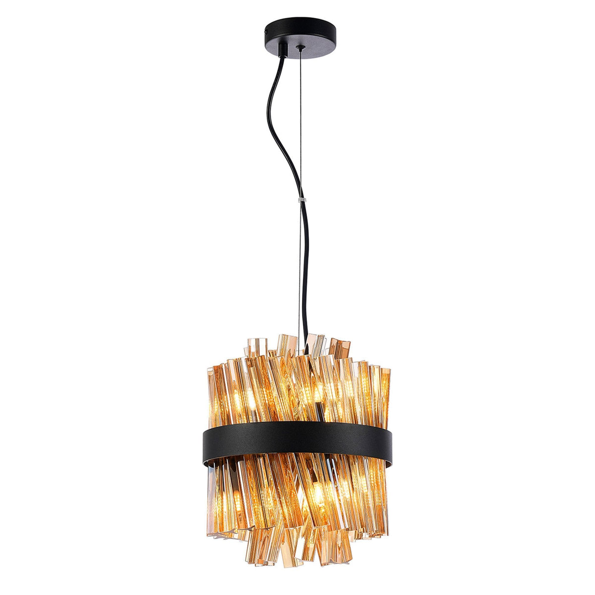 Kelly Six Light Pendant in Satin Black & Amber Glass
